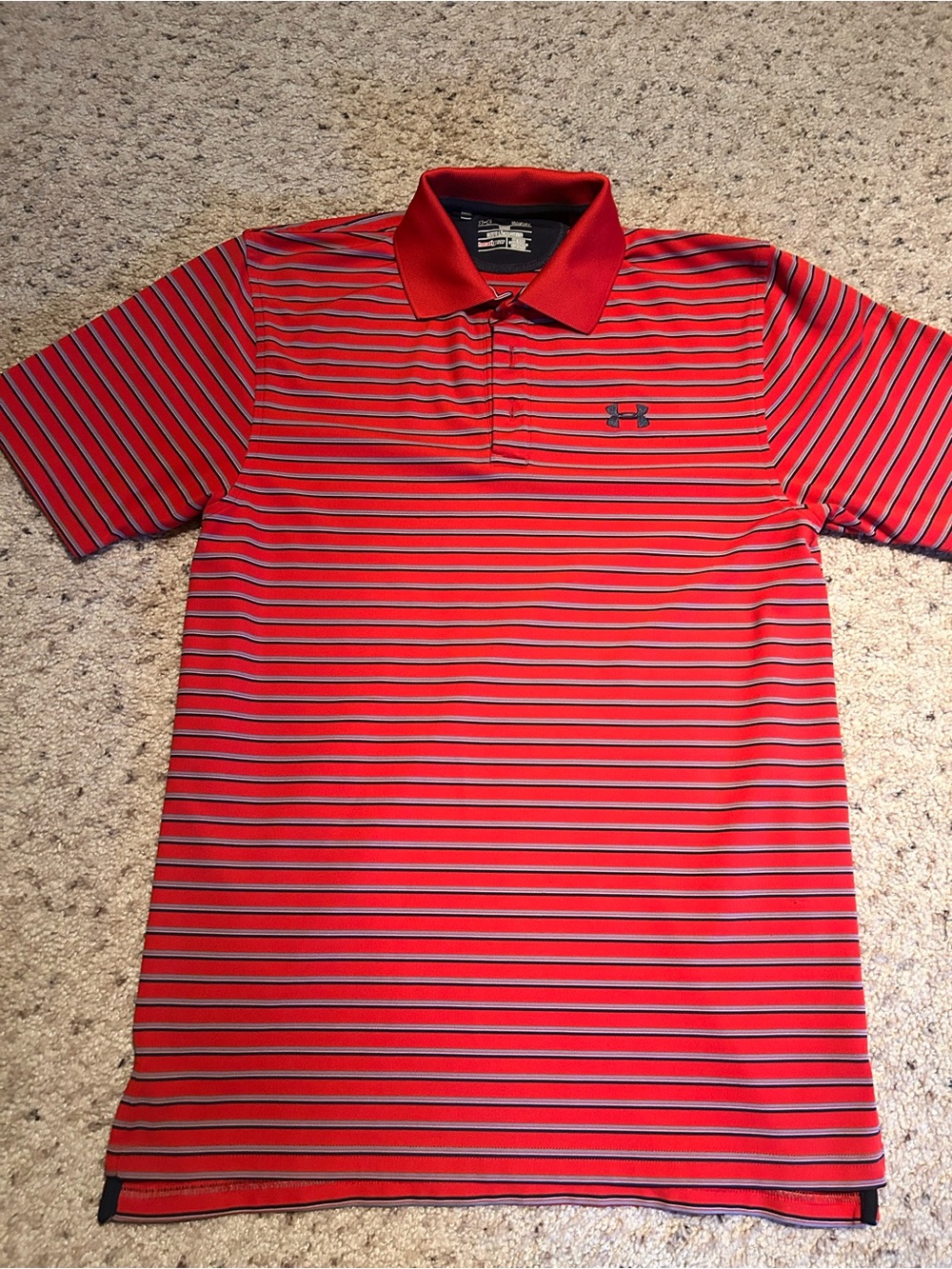 Under Armour Red and Black Striped Men’s Polo   Size SM